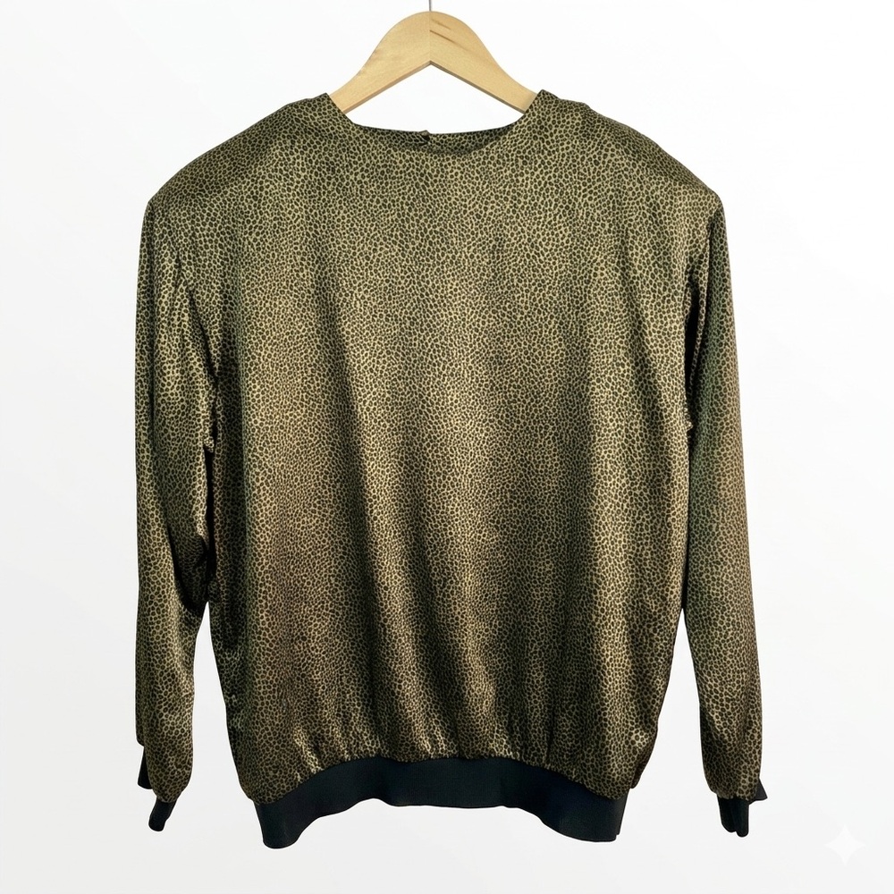 VTG 80s Cargo Metallic Gold‎ Cheetah Satin Bomber Blouse Made in USA L